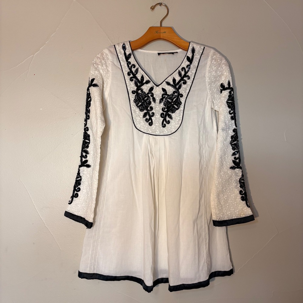 Envi White Embroidered Beaded Long‎ Sleeve Tunic Top Blouse Dress Size S